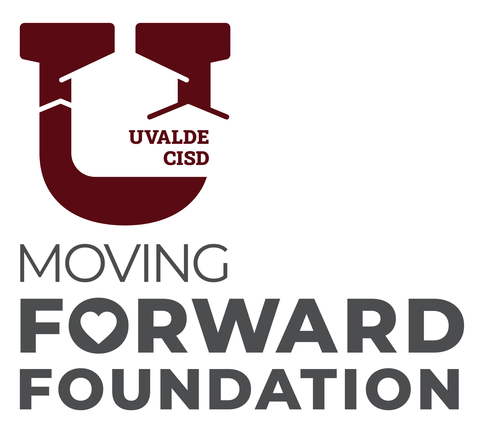 Square Uvalde CISD (maroon text) Moving Forward Foundation (grey text) logo with transparent background.