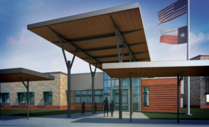 The renderings of the exterior schematic design for the Uvalde visitor entrance to the school.