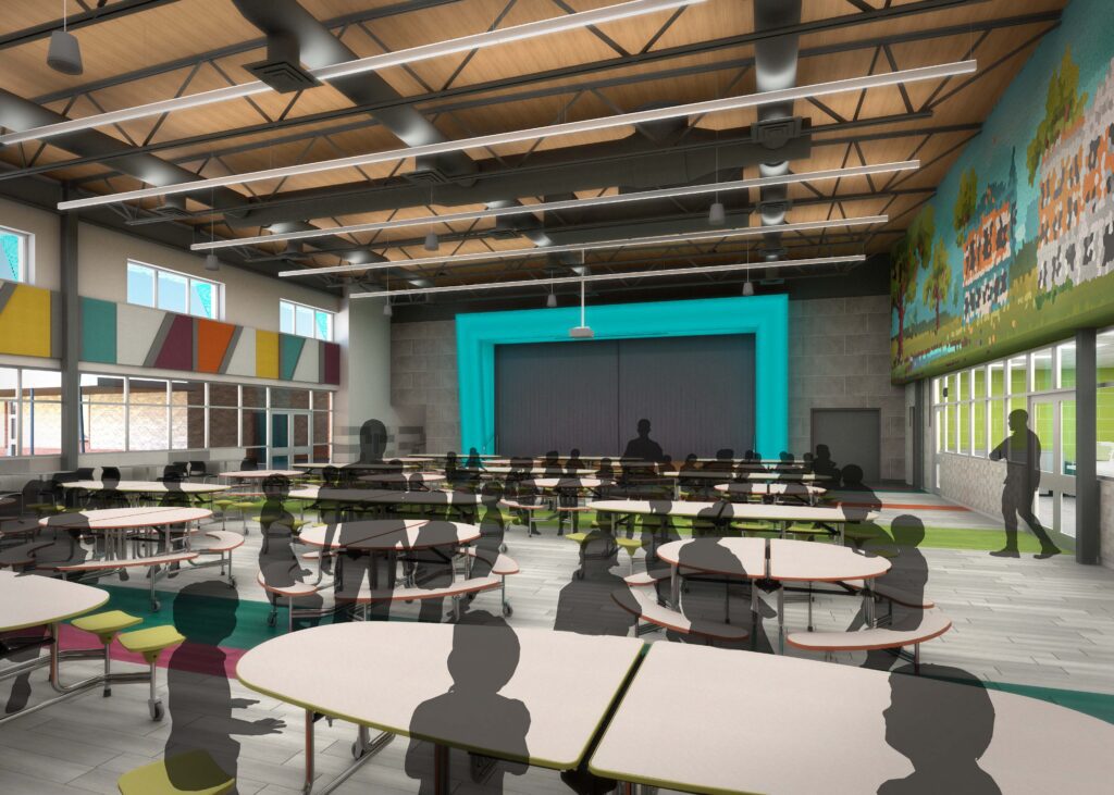 Conceptual rendering of the cafeteria with a view of the stage that can be accessed by the adjoining music room.