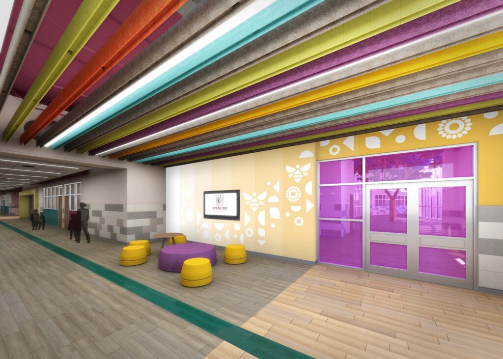 Conceptual rendering of a collaborative space in an academic hallway.